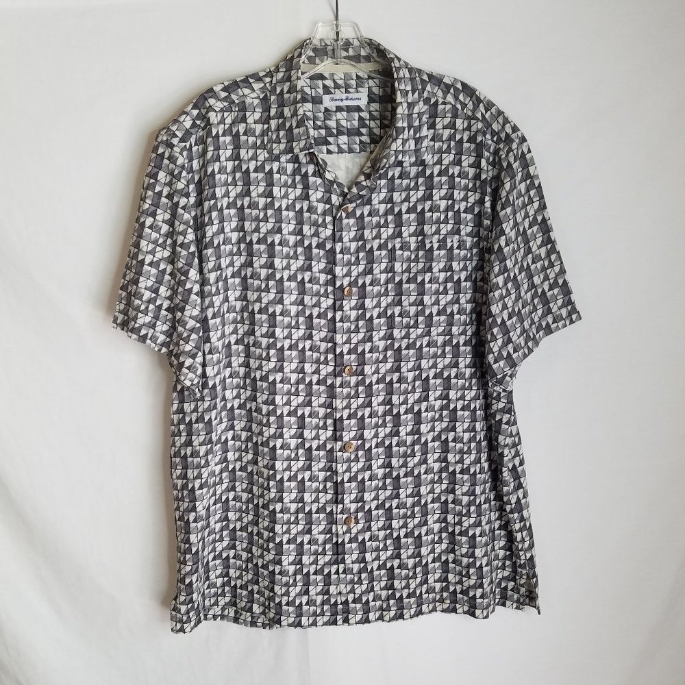 Tommy Bahama Silk Gray Button Front Short Sleeve Hawaiian Shirt Mens Large
